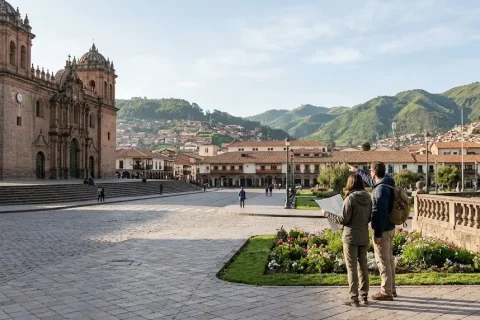 Travelers walking across the Plaza de Armas in Cusco with the cathedral and mountains behind, planning how many days to spend in Cusco