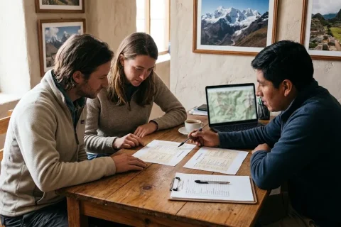 Two travelers compare a printed trek itinerary and a permit checklist with an advisor at a desk before they choose a Machu Picchu trekking agency