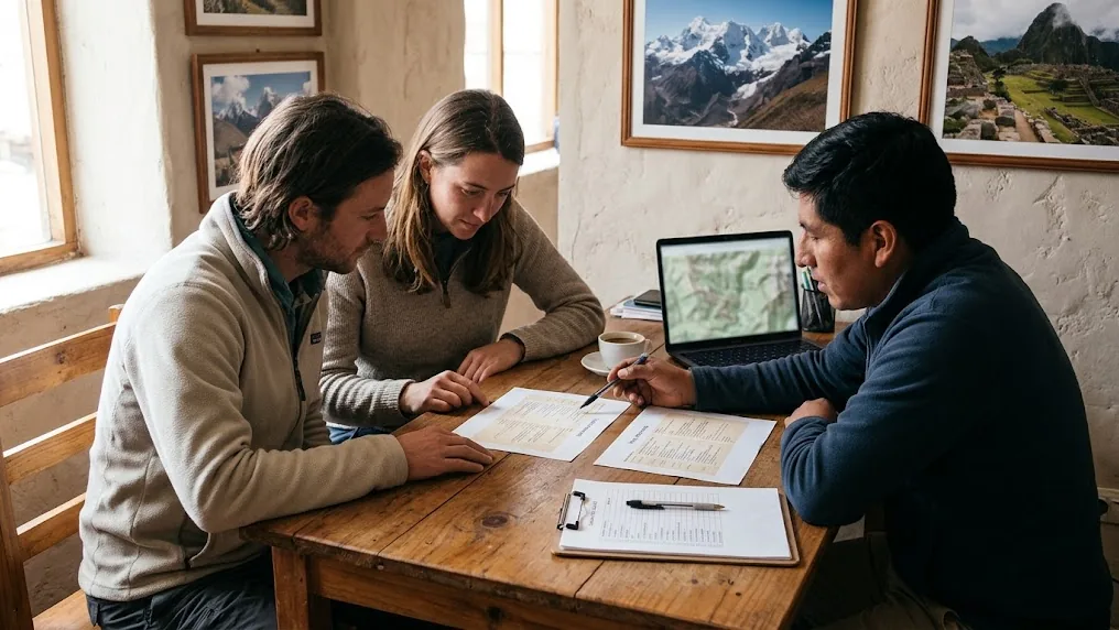 Two travelers compare a printed trek itinerary and a permit checklist with an advisor at a desk before they choose a Machu Picchu trekking agency