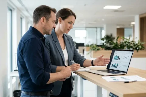 Finance and IT managers reviewing Power Pages implementation ROI on a laptop dashboard with simple charts, comparing costs and time saved