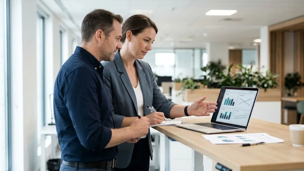 Finance and IT managers reviewing Power Pages implementation ROI on a laptop dashboard with simple charts, comparing costs and time saved